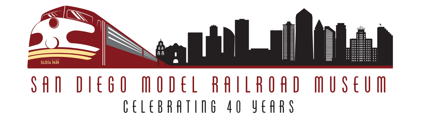 A train in front of the skyline of San Diego with the text "San Diego Model Railroad Museum: Celebrating 40 Years"