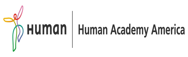 Outline of a human figure in verious bright gradient colours of the rainbow. On the side reads the name of the company in bold letters, Human Academy America Inc.