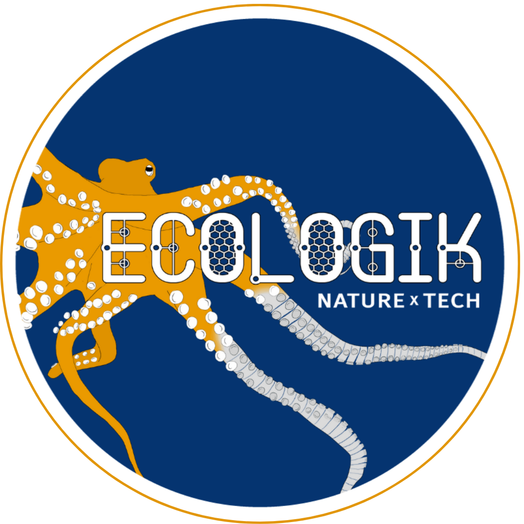 Yellow octopus on a blue background. Text says, "EcoLogik - Nature x Tech"