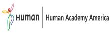 Outline of a human figure in verious bright gradient colours of the rainbow. On the side reads the name of the company in bold letters, Human Academy America Inc.